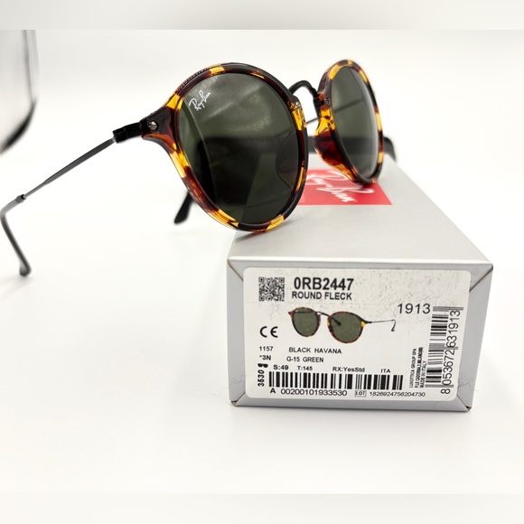 Beautiful Ray-Ban Round Fleck Sunglasses Rb2447 Unisex Black Havana 49-21-145 - Picture 14 of 14